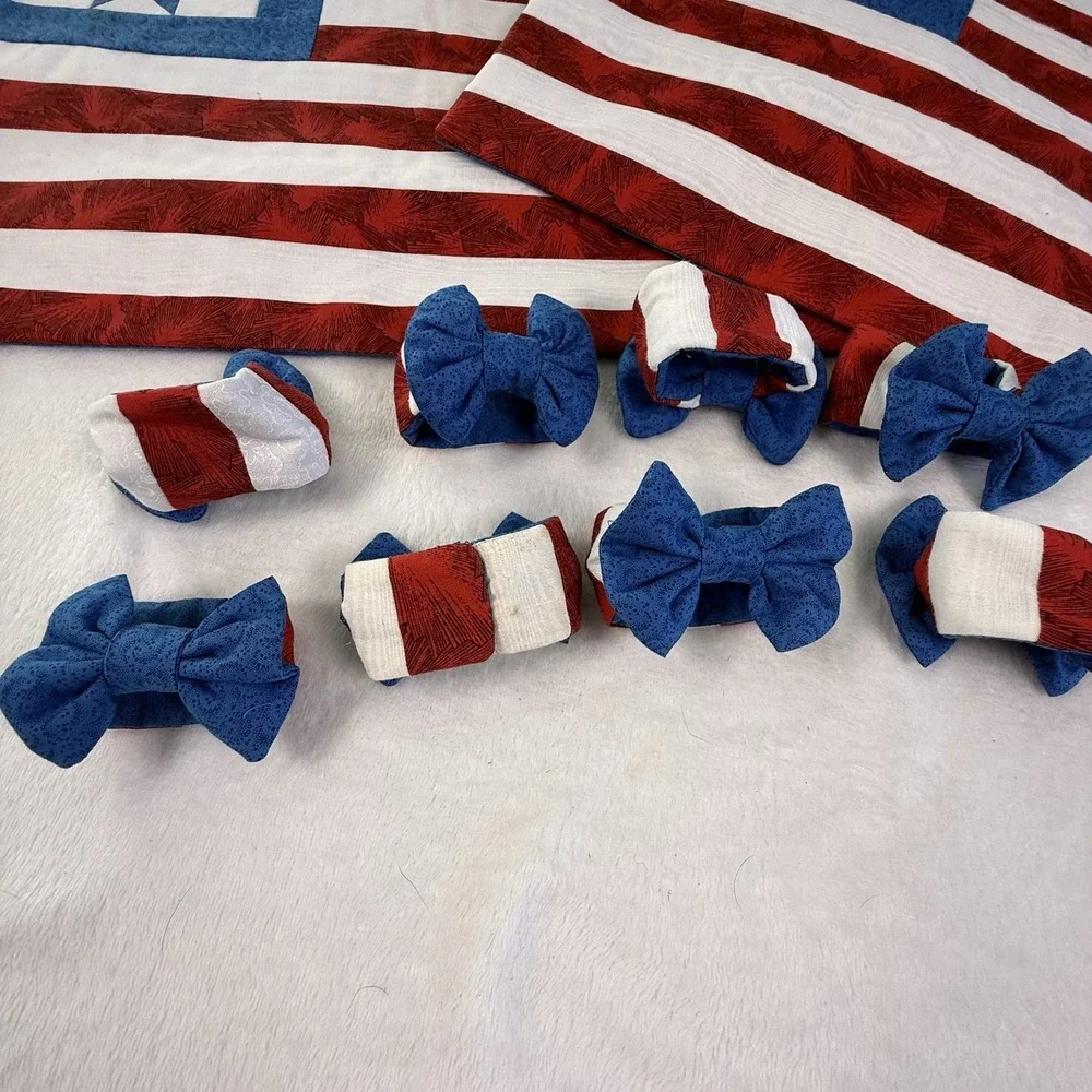 Patriotic American Flag Quilted Placemats Set 8 Napkin Rings Red White Blue